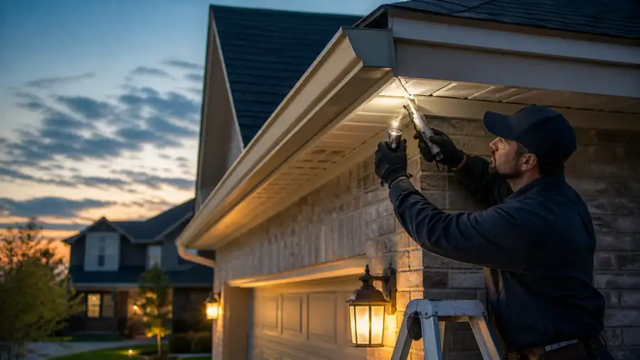Technician sealing a Cypress home roofline gap for rodent exclusion
